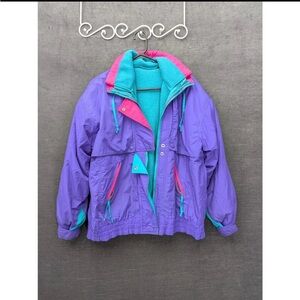 VIntage JCP Ski Jacket Winter Coat 80's Purple Color Block Juniors Size 13-15